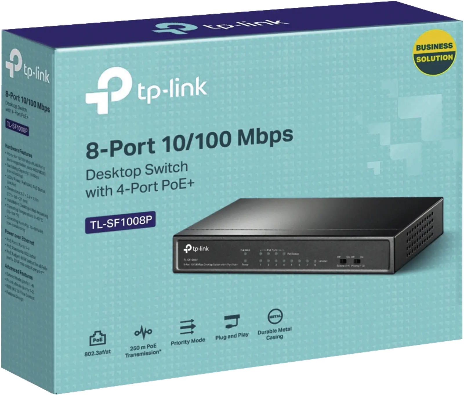 Netzwerk-Switch, 8-Port, 10/100 Mbps, PoE+, Desktop-Box