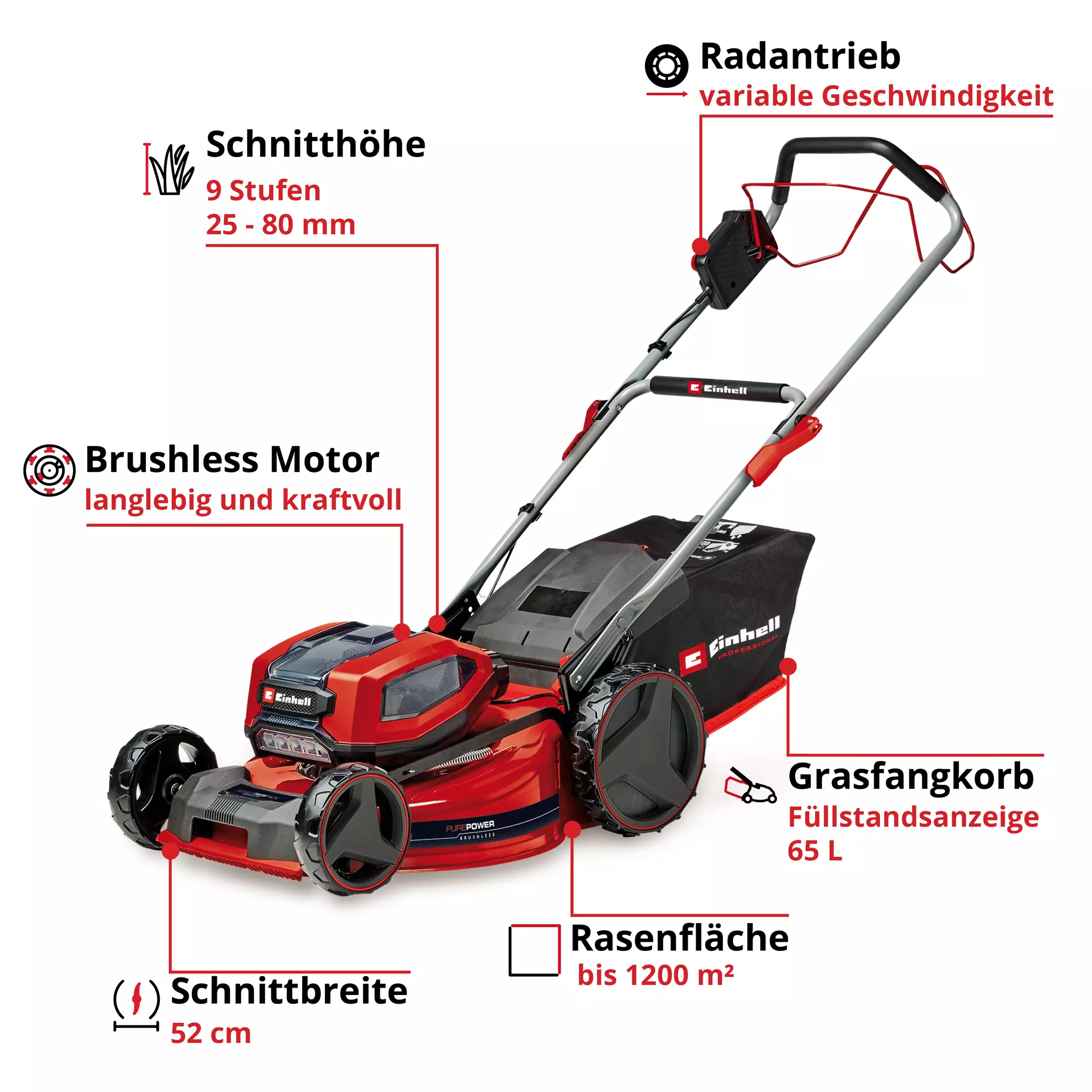 Rasenmäher, Grasrasenmäher, bürstenloser Motor, Grasfangkorb, Schnittbreite 52 cm