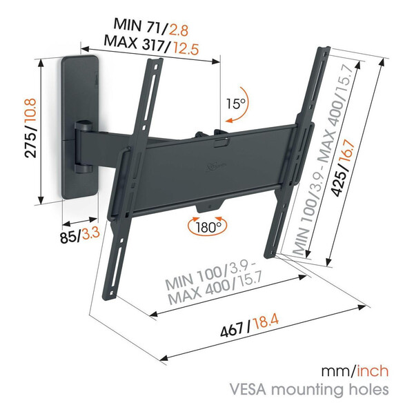 Vogel's TV-Wandhalter  Quick TVM1425  15° neig- & 120° schwenkb. 32-65" (81-165 cm), max. 25Kg