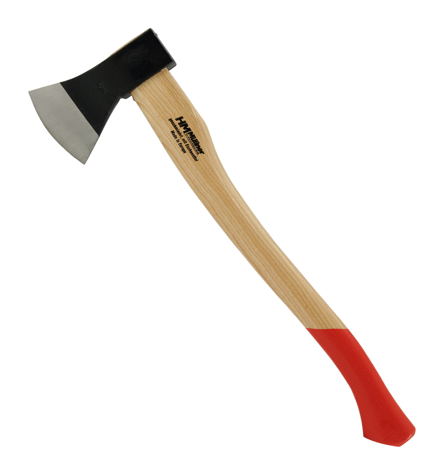 Axt, Axtwerkzeug, Holzgriff, Stahlkopf, roter Griffabschluss