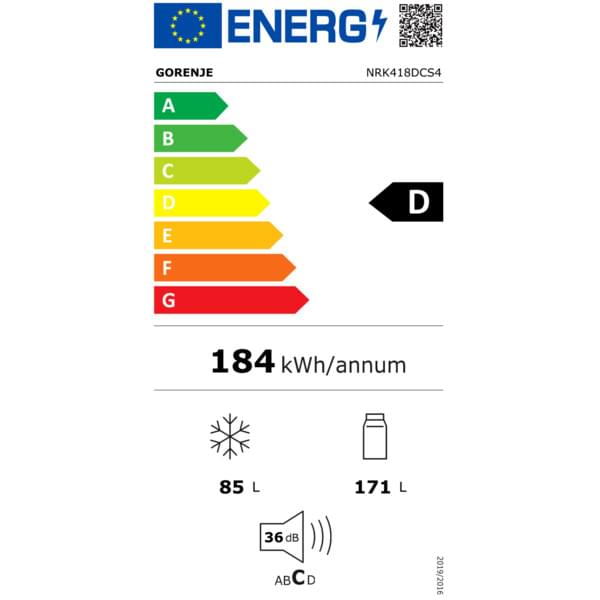 kWh pro Jahr, 184 kWh/Jahr, Energieeffizienzklasse D, Lagerraum 171 L, Geräuschpegel 36 dB