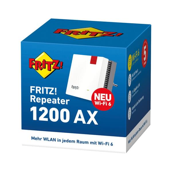 FRITZ! Repeater, 1200 AX, Wi-Fi 6, Mesh-Verlängerer, blaue Verpackung