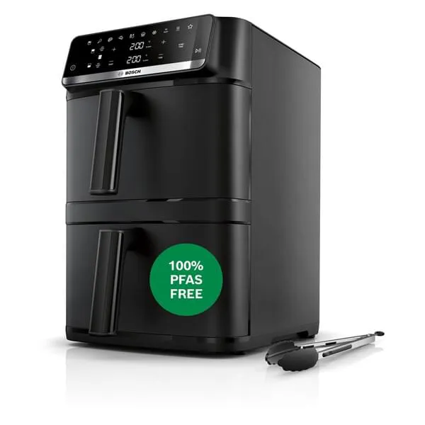 Heißluftfritteuse, 2-in-1, stahloptik, schwarz, Zange inklusive