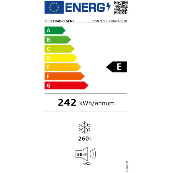 energieetikett, 245 kWh, 260 l, 38 dB, geräuschpegel
