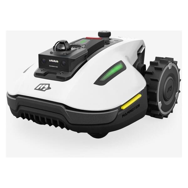 Roboter, Roboter-Rasenmäher, automatischer Mäher, weißer Körper, grünes Licht