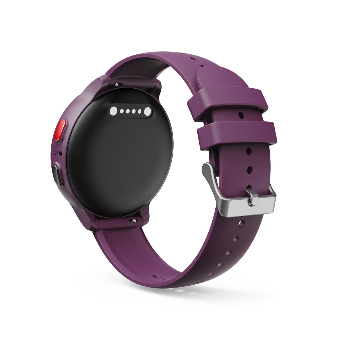 smartwatch, lila, Silikonarmband, runde Rückseite, Ladekontakte