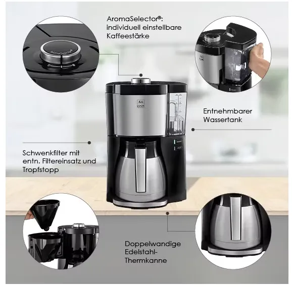 Kaffeemaschine, einstellbare Stärke, abnehmbarer Wassertank, Edelstahl, doppelwandige Thermoskanne