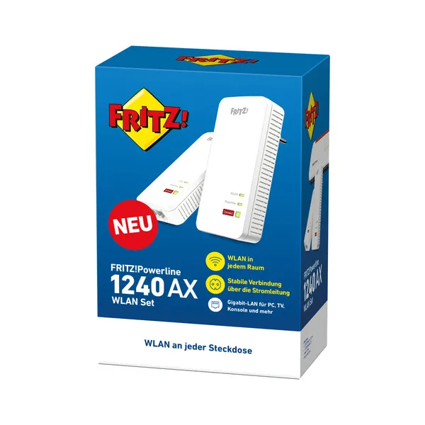 WLAN-Router, Powerline, weißes Gerät, LED-Anzeigen, Verpackung in Box