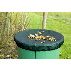 grüne Mülltonne, Außendeckel, blattbedeckter Deckel, Gartenabfallbehälter, runder Deckel